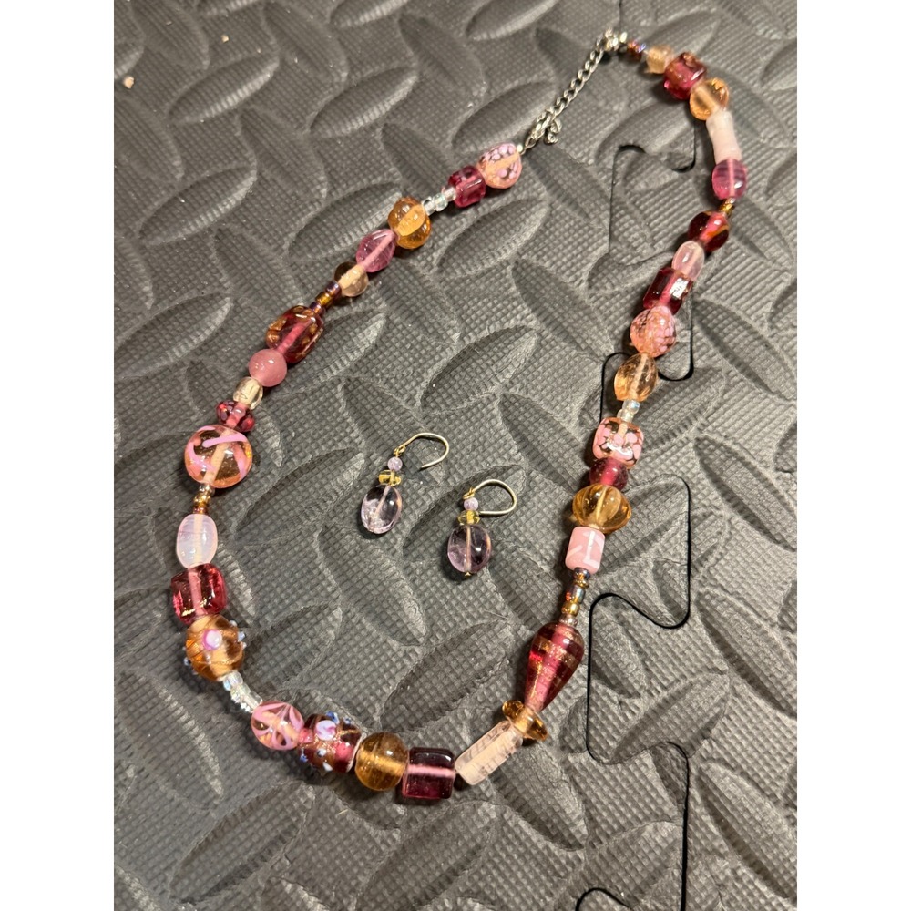 Lampwork Glass Bead Necklace and Amethyst Citrine Drop Earring Set Handmade